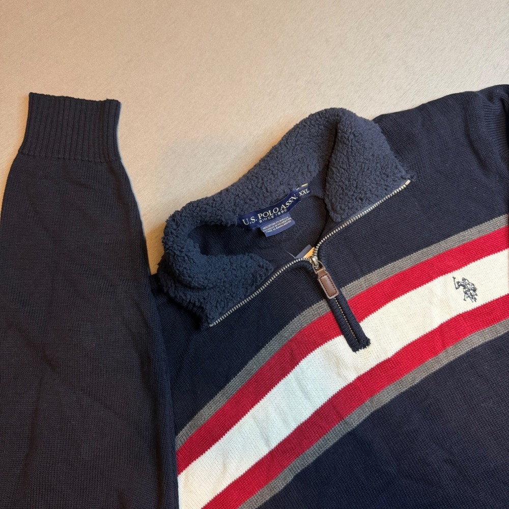 US Polo Assn Mens XXL Quarter Zip Sherpa Collar Sweater Navy Blue Striped NWT